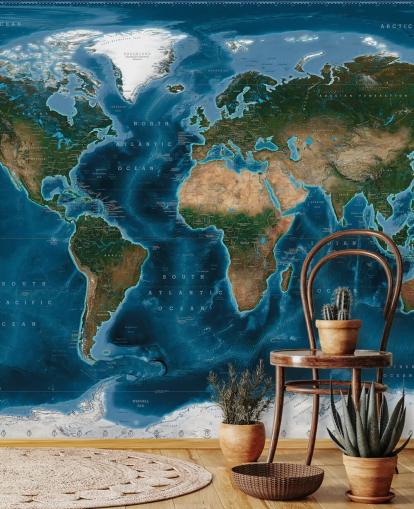 papier peint mural de carte du monde bleu et vert appelé Satellite Map par Ray & Co