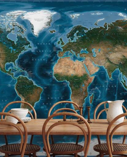 blue and green world map wallpaper mural called Satellite Map by Ray & Co
