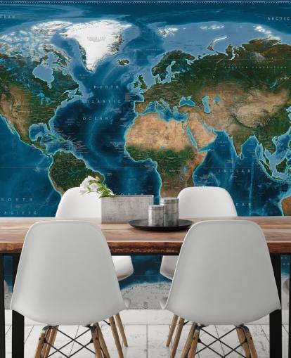 papier peint mural de carte du monde bleu et vert appelé Satellite Map par Ray & Co