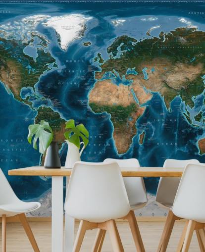 mural de papel pintado con un mapa del mundo azul y verde llamado Satellite Map de Ray & Co