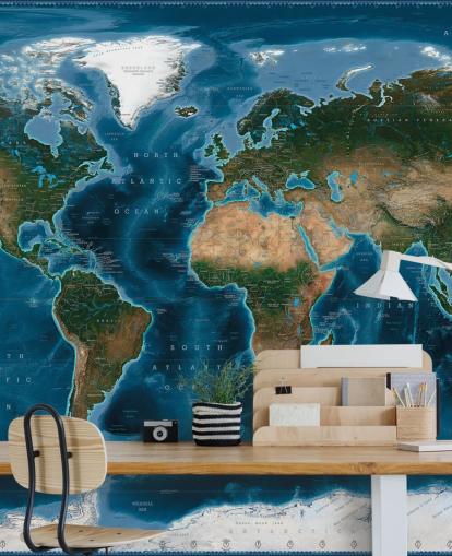 mural de papel pintado con un mapa del mundo azul y verde llamado Satellite Map de Ray & Co