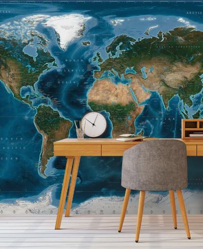 blue and green world map wallpaper mural called Satellite Map by Ray & Co