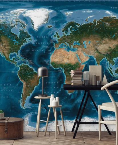 blått og grønt verdenskart tapet veggmaleri kalt Satellite Map av Ray & Co