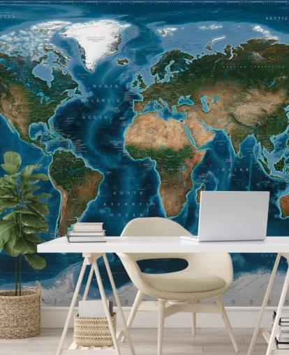 blue and green world map wallpaper mural called Satellite Map by Ray & Co