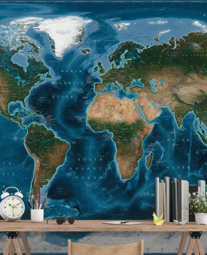 mural de papel pintado con un mapa del mundo azul y verde llamado Satellite Map de Ray & Co mural de papel pintado con un mapa del mundo azul y verde llamado Satellite Map de Ray & Co