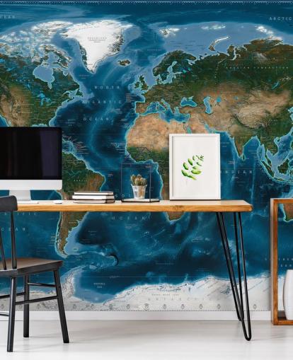 blue and green world map wallpaper mural called Satellite Map by Ray & Co