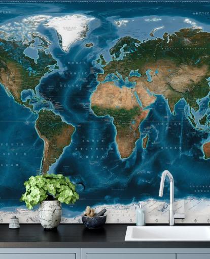 blue and green world map wallpaper mural called Satellite Map by Ray & Co blue and green world map wallpaper mural called Satellite Map by Ray & Co
