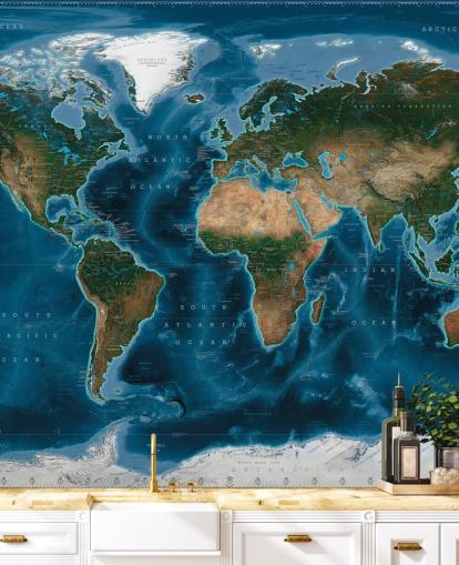 blue and green world map wallpaper mural called Satellite Map by Ray & Co