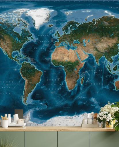 blauwe en groene wereldkaart behangmuurschildering genaamd Satellite Map van Ray & Co