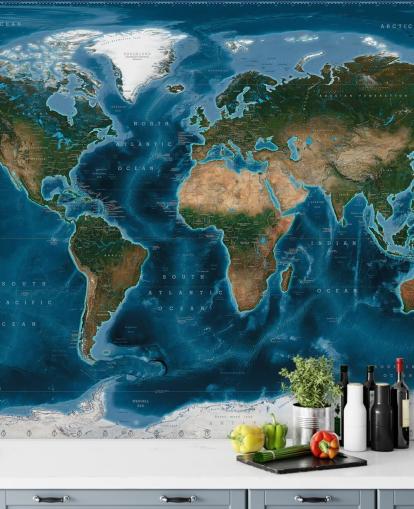mural de papel pintado con un mapa del mundo azul y verde llamado Satellite Map de Ray & Co