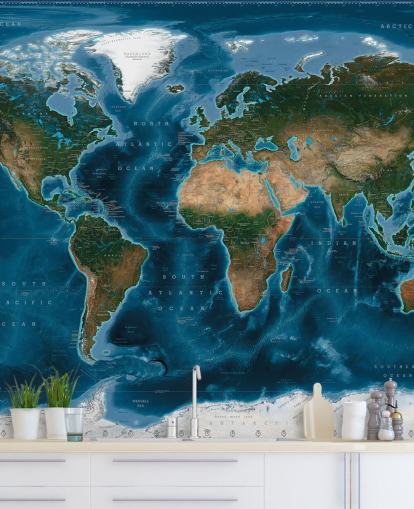 blue and green world map wallpaper mural called Satellite Map by Ray & Co