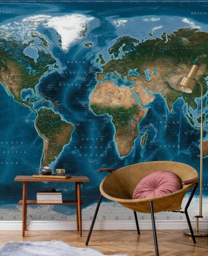 Ray & Co: n sininen ja vihreä maailmankartan taustakuvamaalaus nimeltä Satellite Map