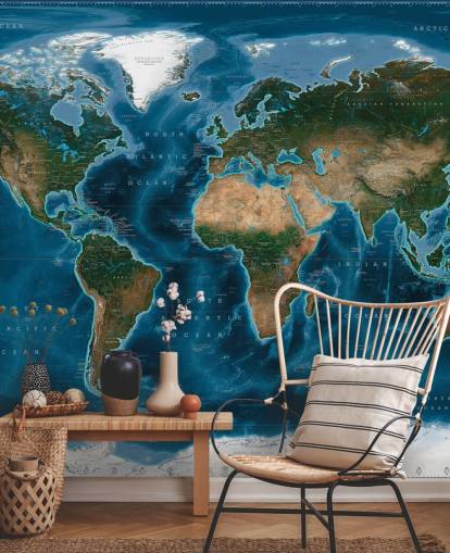 mural de papel de parede de mapa mundial azul e verde chamado Satellite Map by Ray & Co