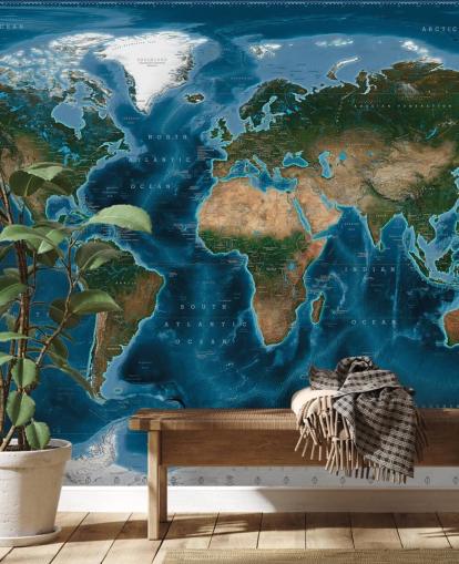 mural de papel pintado con un mapa del mundo azul y verde llamado Satellite Map de Ray & Co