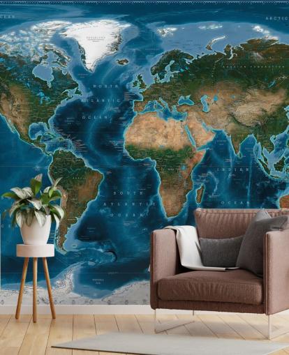 Blaue und grüne Weltkarten-Tapete namens Satellite Map von Ray & Co