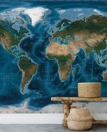 blue and green world map wallpaper mural called Satellite Map by Ray & Co blue and green world map wallpaper mural called Satellite Map by Ray & Co