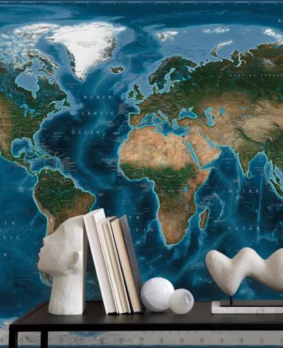 blue and green world map wallpaper mural called Satellite Map by Ray & Co blue and green world map wallpaper mural called Satellite Map by Ray & Co