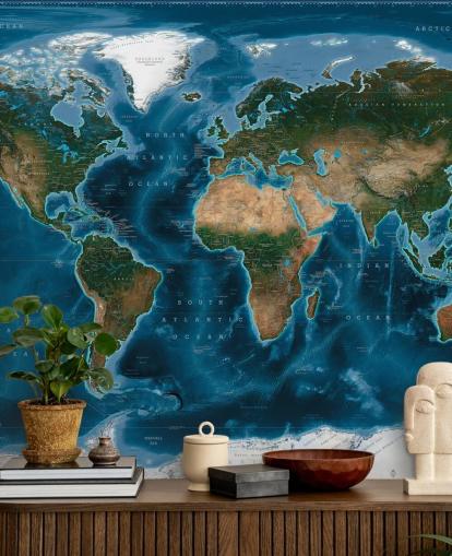 mural de papel pintado con un mapa del mundo azul y verde llamado Satellite Map de Ray & Co mural de papel pintado con un mapa del mundo azul y verde llamado Satellite Map de Ray & Co