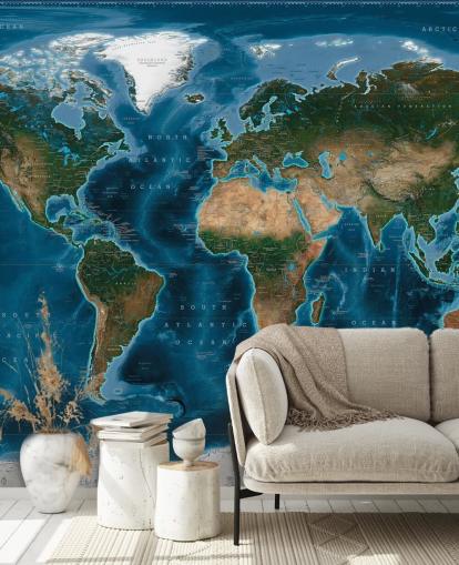 mural de papel pintado con un mapa del mundo azul y verde llamado Satellite Map de Ray & Co