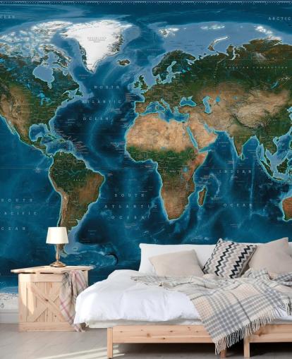 mural de papel pintado con un mapa del mundo azul y verde llamado Satellite Map de Ray & Co
