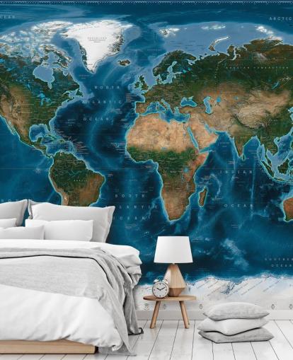 mural de papel pintado con un mapa del mundo azul y verde llamado Satellite Map de Ray & Co