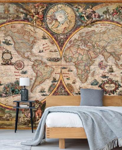 detaljerad världskarta väggmålning kallad World Map Vintage av Ray & Co för hemmakontor och skolor