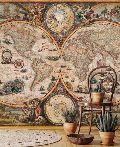 gedetailleerde muurschildering op de wereldkaart genaamd World Map Vintage van Ray & Co voor thuiskantoren en scholen gedetailleerde muurschildering op de wereldkaart genaamd World Map Vintage van Ray & Co voor thuiskantoren en scholen