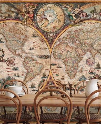 detailliertes Weltkarten-Wandbild namens World Map Vintage von Ray & Co für Heimbüros und Schulen