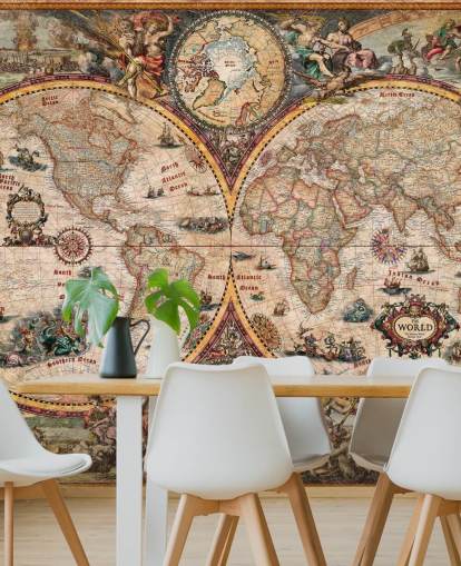 detaljerad världskarta väggmålning kallad World Map Vintage av Ray & Co för hemmakontor och skolor