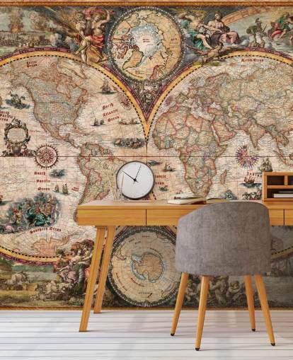 detailliertes Weltkarten-Wandbild namens World Map Vintage von Ray & Co für Heimbüros und Schulen