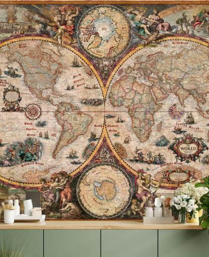 detaljeret verdenskort vægmaleri kaldet World Map Vintage af Ray & Co til hjemmekontorer og skoler