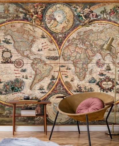 detailliertes Weltkarten-Wandbild namens World Map Vintage von Ray & Co für Heimbüros und Schulen
