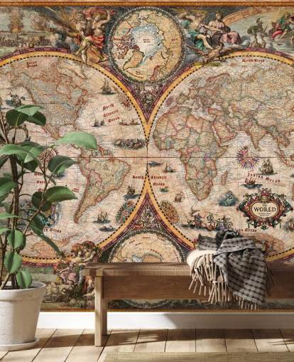 peinture murale détaillée de la carte du monde appelée World Map Vintage par Ray & Co pour les bureaux à domicile et les écoles