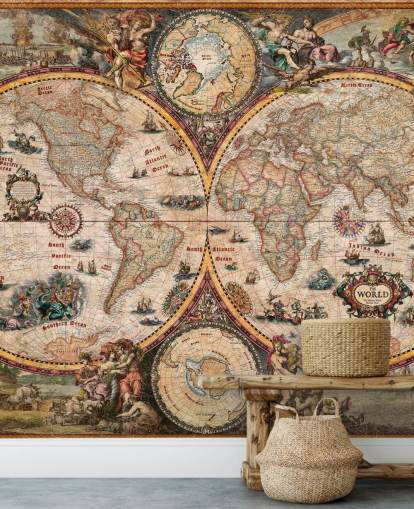 mural detallado de un mapa mundial llamado World Map Vintage de Ray & Co para oficinas domésticas y escuelas