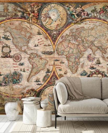 peinture murale détaillée de la carte du monde appelée World Map Vintage par Ray & Co pour les bureaux à domicile et les écoles