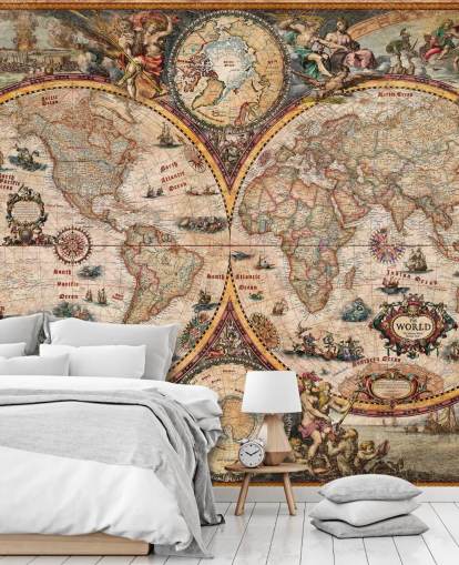 gedetailleerde muurschildering op de wereldkaart genaamd World Map Vintage van Ray & Co voor thuiskantoren en scholen