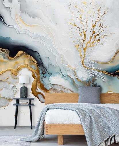 papier peint aquarelle noir, blanc et or appelé White and Gold Ink pour les salles de bain, les cuisines et les salons