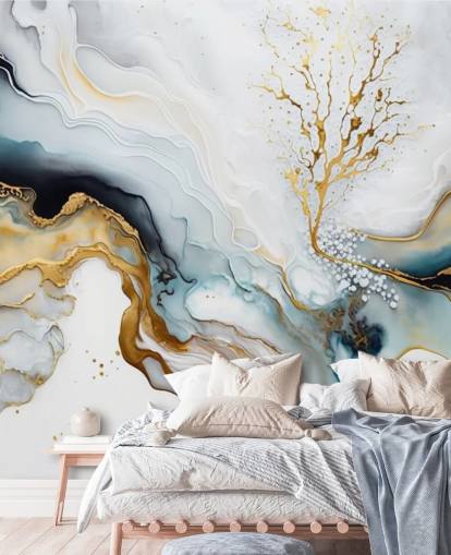 mural de papel de parede em aquarela preto, branco e dourado chamado White and Gold Ink para banheiros, cozinhas e salas de estar