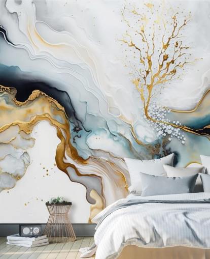 black, white and gold watercolour wallpaper mural called White and Gold Ink for bathrooms, kitchens and living rooms