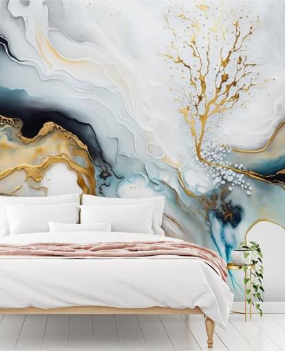 carta da parati murale ad acquerello nero, bianco e oro chiamata White and Gold Ink per bagni, cucine e salotti