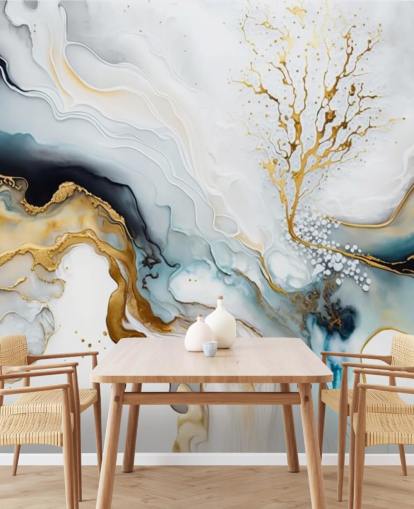 svart, vitt och guld akvarell tapetväggmålning kallad White and Gold Ink för badrum, kök och vardagsrum