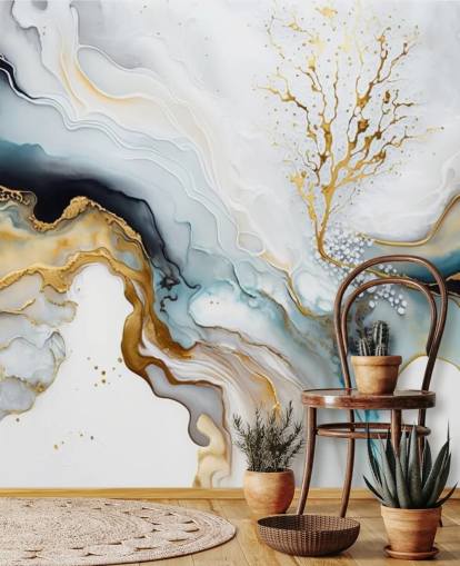 musta, valkoinen ja kultainen akvarelli taustakuvamaalaus nimeltään White and Gold Ink kylpyhuoneisiin, keittiöihin ja olohuoneisiin