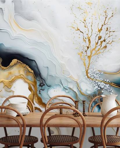 mural de papel pintado en acuarela negro, blanco y dorado llamado White and Gold Ink para baños, cocinas y salas de estar