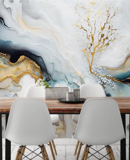 black, white and gold watercolour wallpaper mural called White and Gold Ink for bathrooms, kitchens and living rooms