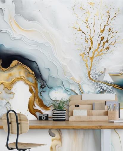 black, white and gold watercolour wallpaper mural called White and Gold Ink for bathrooms, kitchens and living rooms