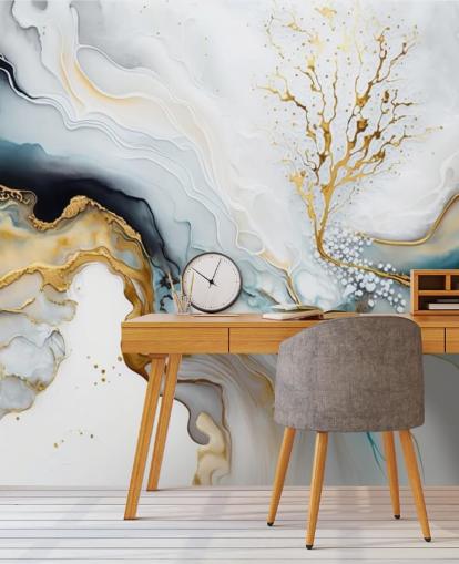 carta da parati murale ad acquerello nero, bianco e oro chiamata White and Gold Ink per bagni, cucine e salotti