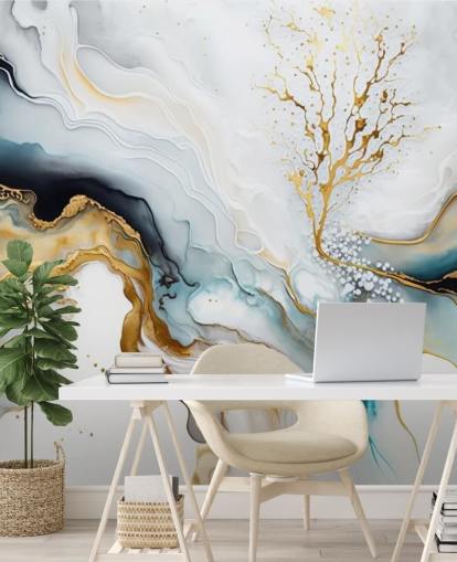 schwarze, weiße und goldene Aquarelltapete namens White and Gold Ink für Badezimmer, Küchen und Wohnzimmer