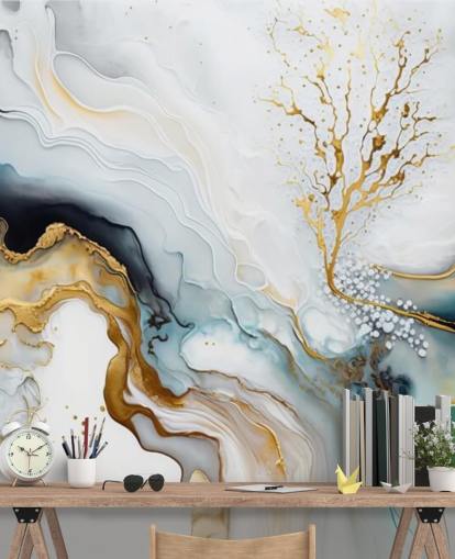 black, white and gold watercolour wallpaper mural called White and Gold Ink for bathrooms, kitchens and living rooms