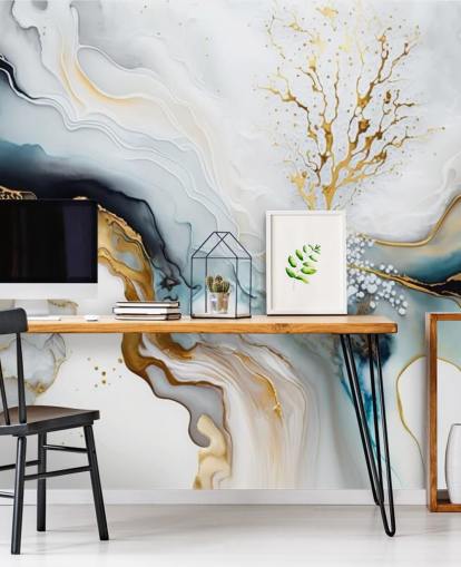 schwarze, weiße und goldene Aquarelltapete namens White and Gold Ink für Badezimmer, Küchen und Wohnzimmer