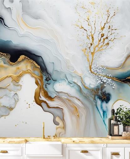 black, white and gold watercolor wallpaper mural called White and Gold Ink for bathrooms, kitchens and living rooms